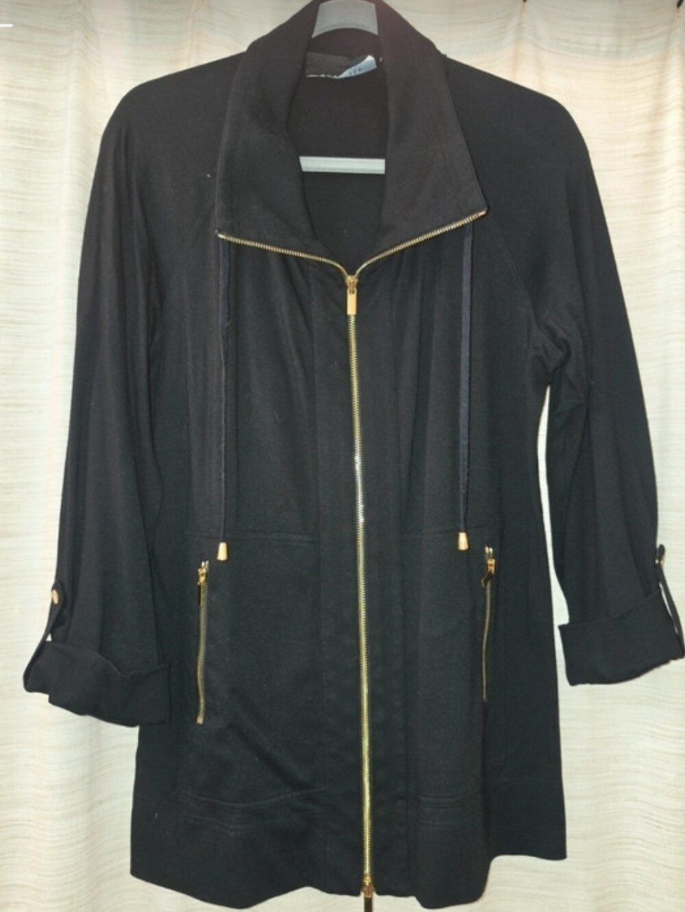 Carlisle Black Ponte Knit Full Zip Anorak Jacket Gold Hardware Size 12 Luxury